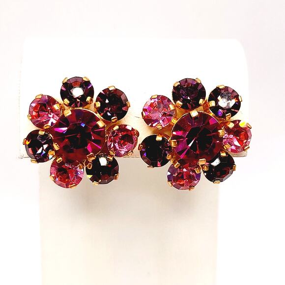 Vintage Made in Austria Pink Rhinestone Earrings Clip On Mid Century Jewelry - Picture 1 of 10